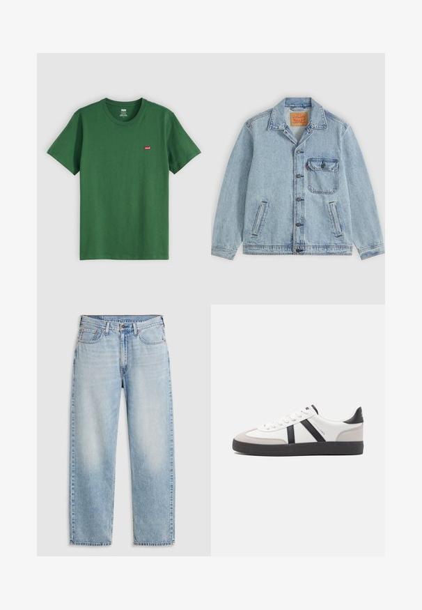 Lichtblauw spijkerjack met knopen aan de voorkant, puntige kraag, één borstzak met klep en twee zijzakken. Zichtbaar Levi's-label aan de binnenkant van de kraag.; Groene katoenen t-shirt met een ronde hals, korte mouwen en een klein rood Levi's-logo op de linkerkant van de borst. Zachte textuur, normale pasvorm.; Lichtblauwe rechte jeans met vijf zakken, metalen knoopsluiting en vervaagde details op de dijen en knieën, plat gelegd op een witte achtergrond.; Witte sneaker met zwarte en grijze accenten, voorzien van een grijze neus met textuur, zwarte rubberen zool en platte witte veters. Schoon ontwerp, minimalistische stijl.