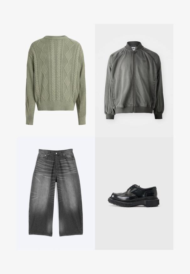 Veste de sport grise avec col et poignets côtelés, fermeture éclair sur toute la longueur, rayures sur les côtés, et un petit logo sur la poitrine. Texture douce.; Pull vert en tricot torsadé avec des motifs en losange et torsadés, col rond et poignets et ourlet côtelés, fabriqué à partir d'un matériau en tricot texturé.; Jean en denim noir délavé à jambes larges avec poches avant et fermeture à boutons, présenté à plat sur fond clair.; Chaussure brogue en cuir noir avec semelle épaisse à rainures et fermeture à lacets sur fond uni gris clair.