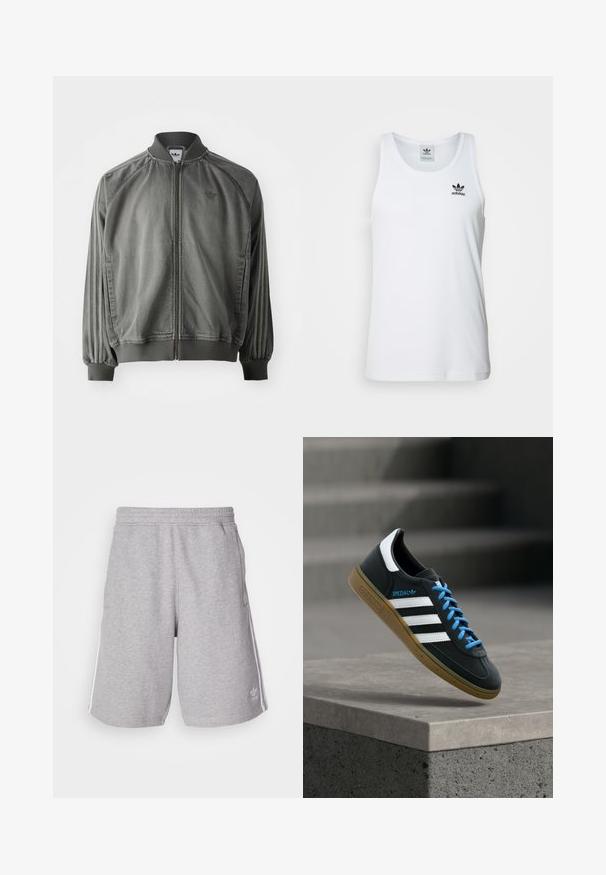 Grå sportsjakke med ribbet krave og manchetter, lynlås i fuld længde, sidelister og et lille logo på brystet. Blød tekstur.; Hvid ribbet tanktop med rund halsudskæring, sort Adidas-logo på venstre bryst og uden ærmer. Blødt bommateriale, afslappet pasform.; Grå sportshorts lavet af en blanding af bomuldsstof. Har sidelommer, elastisk talje og hvide sidestriber. Klassisk design.; Sort Adidas sneaker med hvide striber, blå snørebånd og gummisål, der svæver over gråt betontrin i blødt lys.