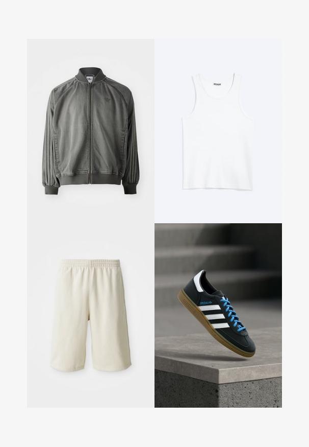 Grijze sportjack met ribgebreide kraag en manchet, ritssluiting over de volle lengte, zijstrepen en een klein logo op de borst. Zachte textuur.; Wit mouwloos hemdje met ronde hals en Weekday-merklabel aan de binnenkant van de achterkraag, plat weergegeven op een lichte achtergrond.; Licht beige sportshorts met een elastische tailleband, een gladde textuur en een subtiele logo-detail aan de onderkant links. Geen zakken.; Zwarte Adidas-sneaker met witte strepen, blauwe veters en een gumzool die boven een grijze betonnen trede zweeft in zacht licht.