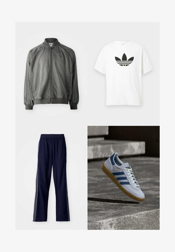 Grå sportsjakke med ribbet krave og manchetter, lynlås i fuld længde, sidelister og et lille logo på brystet. Blød tekstur.; Hvid bomulds t-shirt med et stort sort Adidas trefoil-logo og tre vandrette striber nedenunder. Korte ærmer, rund halsudskæring.; Mørkeblå træningsbukser med elastisk talje, der har tre hvide sidestriber og en lige benudskæring. Blød denimtekstur.; Lyseblå Adidas Spezial sneakers med marineblå striber og gummisål, vist i luften over betontrapper i et neutralt udendørsmiljø.