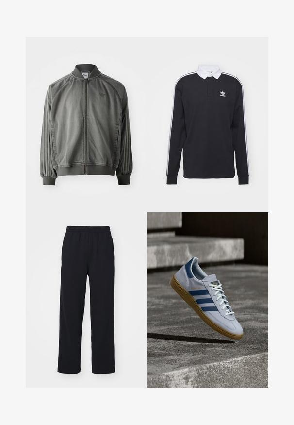 Grijze sportjack met ribgebreide kraag en manchet, ritssluiting over de volle lengte, zijstrepen en een klein logo op de borst. Zachte textuur.; Zwarte longsleeve polo met witte kraag en drie witte strepen langs de mouwen; voorzien van een geborduurd Adidas-logo op de borst.; Zwarte sweatpants met een elastische tailleband, rechte benen en gestikte details. Gemaakt van zachte, textuurstof.; Lichtblauwe Adidas Spezial sneaker met marineblauwe strepen en rubberen zool, getoond in de lucht boven betonnen trappen in een neutrale buitenomgeving.