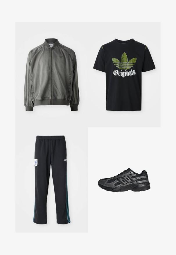 Graue Sportjacke mit geripptem Kragen und Bündchen, durchgehendem Reißverschluss, seitlichen Streifen und einem kleinen Logo auf der Brust. Weicher Stoff.; Schwarzes Baumwoll-T-Shirt mit einem abgenutzten grünen Grafikdesign, das drei Streifen zeigt, sowie dem Wort "Originals" darunter in Weiß. Rundhalsausschnitt, kurze Ärmel.; Schwarze Polyester-Sporthosen mit elastischem Bund, ausgestattet mit einem blauen Streifen an der Seite und einem Logo auf der linken Vorderseite der Hüfte.; Schwarze Sportschuhe aus Netz- und synthetischem Material, mit einer strukturierten Oberfläche, mehreren grauen Streifen und einem gepolsterten Schaft.