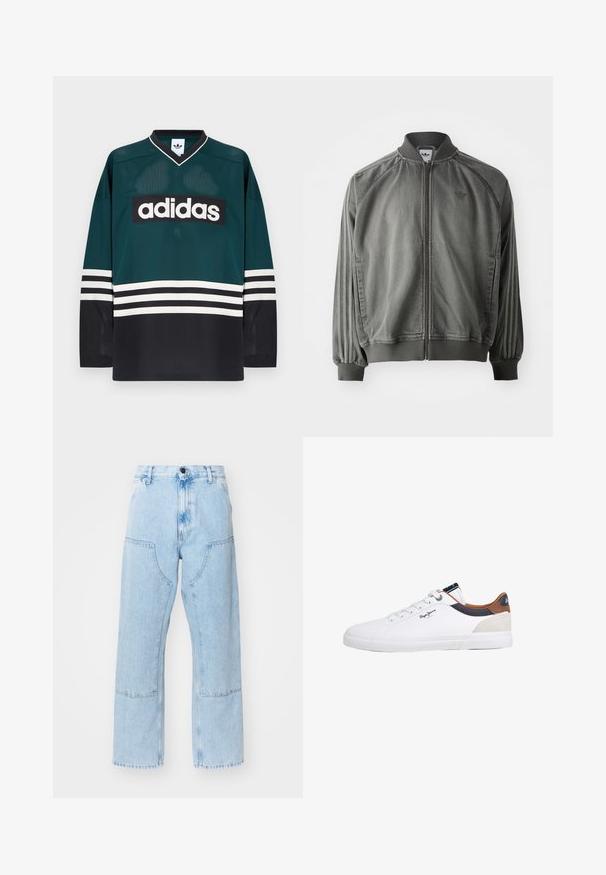 Graue Sportjacke mit geripptem Kragen und Bündchen, durchgehendem Reißverschluss, seitlichen Streifen und einem kleinen Logo auf der Brust. Weicher Stoff.; Grünes und schwarzes Adidas-Trikot mit V-Ausschnitt, langen Ärmeln, Netzstruktur und auffälligem weißem Logo quer über der Brust mit gestreiften Akzenten.; Hellblaue, gerade geschnittene Jeans mit großen Fronttaschen und kontrastierenden Nähten. Der Stoff hat eine ausgewaschene, weiche Textur.; Weiße Sneaker mit einem glatten Lederobermaterial, das kontrastierende braune, marineblaue und beige Akzente aufweist. Klassisches Schnürdesign mit einer strukturierten Gummisohle.
