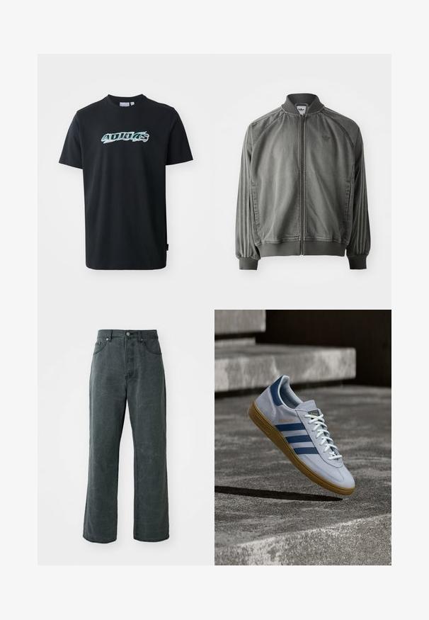 Chaqueta deportiva gris con cuello y puños acanalados, cremallera de longitud completa, rayas laterales y un pequeño logotipo en el pecho. Textura suave.; Camiseta de algodón negra con mangas cortas, que presenta un logo "ADIDAS" brillante y multicolor en la parte frontal. Diseño clásico de cuello redondo.; Vaqueros de patas anchas en gris oscuro, hechos de denim, con una cintura alta, diseño de cinco bolsillos y una sutil textura desgastada.; Zapatilla Adidas Spezial azul claro con rayas azul marino y suela de goma, mostrada en el aire sobre escalones de hormigón en un entorno exterior neutral.