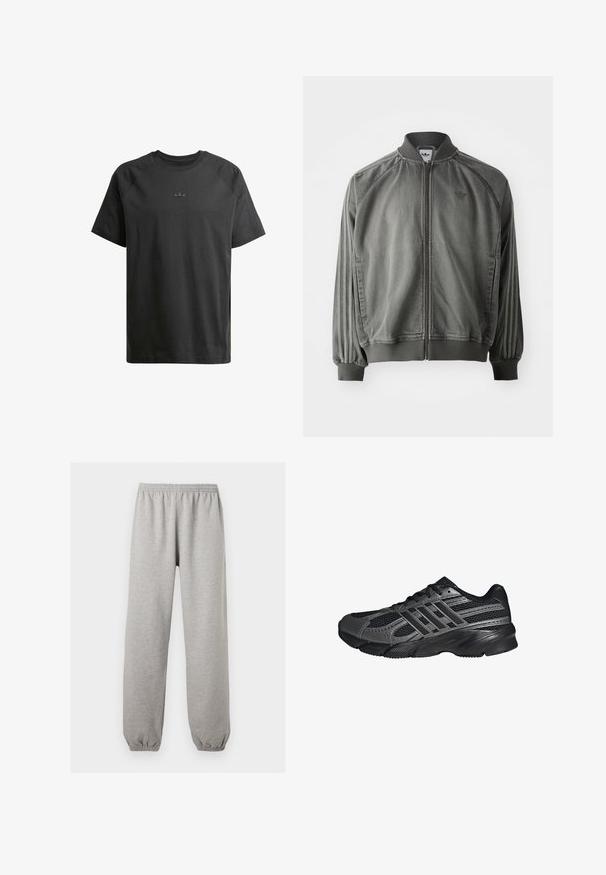 Graue Sportjacke mit geripptem Kragen und Bündchen, durchgehendem Reißverschluss, seitlichen Streifen und einem kleinen Logo auf der Brust. Weicher Stoff.; Schwarz Baumwoll-T-Shirt mit kurzen Raglanärmeln, das ein dezentes eingeprägtes Logo auf der Brust und eine durchgehend glatte Textur aufweist.; Hellgraue Jogginghose mit elastischem Bund und Bündchen, gerader Beinverlauf, aus weichem Stoff.; Schwarze Sportschuhe aus Netz- und synthetischem Material, mit einer strukturierten Oberfläche, mehreren grauen Streifen und einem gepolsterten Schaft.
