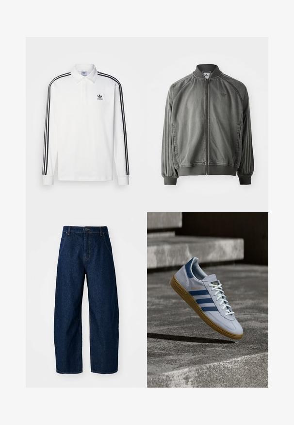 Grå sportsjakke med ribbet krave og manchetter, lynlås i fuld længde, sidelister og et lille logo på brystet. Blød tekstur.; Hvid langærmet polo shirt med klassisk krave, sorte tre-stribede accenter ned langs ærmerne og et lille sort logo på brystet.; Bredde ben mørk denim jeans med høj talje, som har fem lommer, knaplukning foran og synlige syninger.; Lyseblå Adidas Spezial sneakers med marineblå striber og gummisål, vist i luften over betontrapper i et neutralt udendørsmiljø.