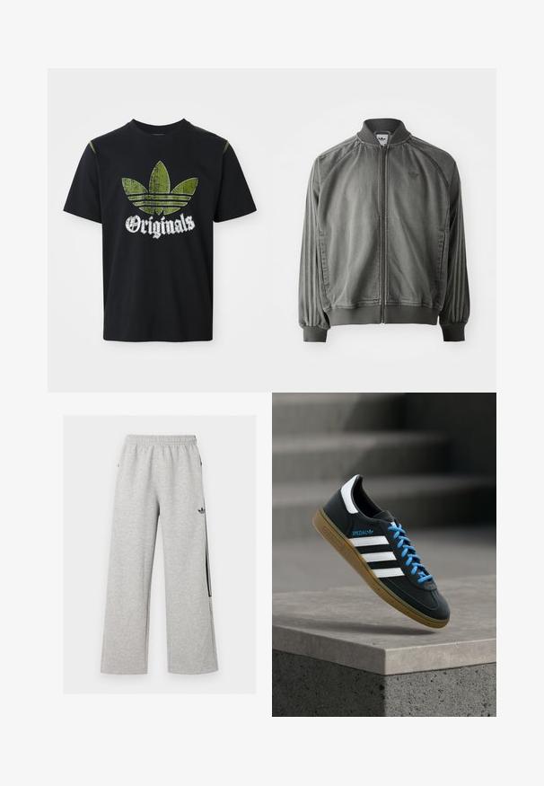Graue Sportjacke mit geripptem Kragen und Bündchen, durchgehendem Reißverschluss, seitlichen Streifen und einem kleinen Logo auf der Brust. Weicher Stoff.; Schwarzes Baumwoll-T-Shirt mit einem abgenutzten grünen Grafikdesign, das drei Streifen zeigt, sowie dem Wort "Originals" darunter in Weiß. Rundhalsausschnitt, kurze Ärmel.; Hellgraue weite Sweatpants mit elastischem Bund und schwarzem Adidas Trefoil-Logo am rechten Oberschenkel.; Schwarzer Adidas-Sneaker mit weißen Streifen, blauen Schnürsenkeln und Gummisohle, der über einer grauen Betontreppe im weichen Licht schwebt.