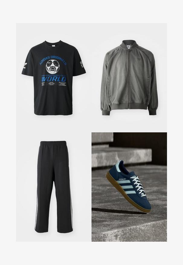 Harmaa urheilu takki, jossa on ribbikangas kaulus ja hihansuut, täyspitkä vetoketju, sivusaumat ja pieni logo rinnassa. Pehmeä rakenne.; Musta puuvillapaita, jossa on sininen "ADIDAS ORIGINALS" -teksti ja jalkapallografiikka, sekä kaupunkien nimiä valkoisena printattuna alla. Lyhyet hihat.; Mustat hupparit, joissa on joustava vyötärö, valkoisilla sivuraidoilla ja rento istuvuus. Valmistettu pehmeästä, venyvästä kankaasta.; Sininen Adidas Spezial -tenissukat valkoisilla raidoilla ja nauhoilla, kumipohjalla, leijuu karhean betonipinnan ja portaiden yläpuolella taustalla.