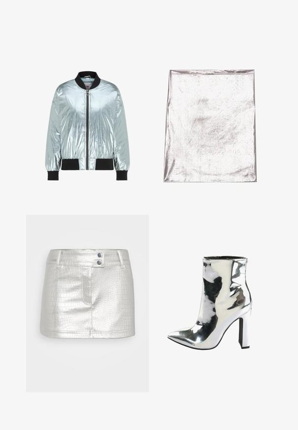 Glänzende silberne Bomberjacke mit schwarzem, geripptem Kragen, Bündchen und Saum und einem Frontreißverschluss mit herzförmigem Zipper.; Metallisch silberner Stoff mit glatter Textur und leichtem Schimmer. Rechteckige Form, Kanten ordentlich genäht, keine auffälligen Muster oder Akzente.; Silberner, Kunstlederrock mit strukturiertem Krokodilmuster, ausgestattet mit zwei blauen Knopfakzenten und einem figurschmeichelnden Design.; Silberne Lackleder-Ankle Boots mit einer spitzen Spitze, dickem hohen Absatz und einem seitlichen Reißverschluss, der eine glatte, glänzende Textur aufweist.