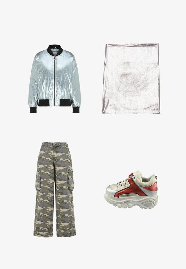 Veste bomber argentée brillante avec col, poignets et bas côtelés noirs, et une fermeture éclair frontale avec un tirette en forme de cœur.; Tissu argenté métallique avec une texture lisse et un léger éclat. Forme rectangulaire, bords soigneusement cousus, sans motifs ou accents marquants.; Pantalons cargo dans un motif camouflage vert et beige, avec une coupe ample, deux poches latérales et une accent rose sur la jambe.; Baskets chunky avec un mélange de suède blanc et d'accents rouges brillants, des panneaux en argent lisse, une semelle épaisse et texturée, et un système de laçage.