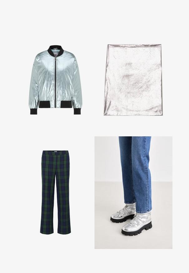 Veste bomber argentée brillante avec col, poignets et bas côtelés noirs, et une fermeture éclair frontale avec un tirette en forme de cœur.; Tissu argenté métallique avec une texture lisse et un léger éclat. Forme rectangulaire, bords soigneusement cousus, sans motifs ou accents marquants.; Pantalons à carreaux verts et bleu marine avec une coupe droite et une taille élastique. Le tissu a une texture douce, avec un motif à carreaux classique.; Bottines argentées métalliques avec une semelle noire robuste, présentant un dessus rembourré et des lacets, associées à un jean droit bleu.