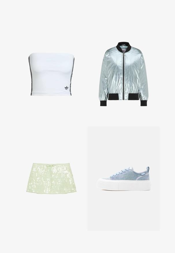 Glanzend zilveren bomberjack met zwarte geribde kraag, manchetten en zoom, en een voorrits met een hartvormig trekhaakje.; Witte strapless crop top van gladde stof, met zwarte zijkanten en een klein zwart logo aan de zoom. Eenvoudig ontwerp, zonder patronen.; Lichtgroene pailletten minirok met een trekkoord in de taille, getoond op een effen witte achtergrond.; Lichtblauwe plateau sneaker met kristalversieringen, dikke witte geribbelde zool, stoffen veters en een trekriem aan de achterkant van de hiel.