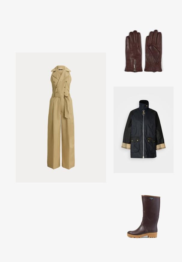 Marineblaue Jacke mit hohem Kragen, Reißverschluss vorne, zwei Taschen vorne und kontrastierenden schwarzen Ärmeln. Verfügt über goldene Beschläge und Tartanmuster-Akzente.; Beiger Jumpsuit mit weiten Beinen, doppelt geknöpftem Design, großen Revers und einem taillierten Gürtel. Hergestellt aus einem glatten, strukturierten Stoff.; Dunkelbrauner Gummistiefel bis zur Mitte der Wade mit hellbrauner Sohle, strukturiertem Profil und "AIGLE"-Logo-Patch nahe der Oberseite.; Braune Lederhandschuhe mit glatter Oberfläche, fünf-Finger-Design und einem Reißverschlussakzent am Handgelenk mit gerafftem Stoffdetail.