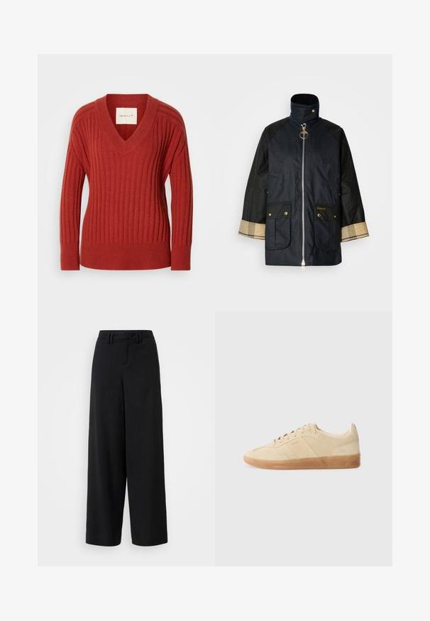 Veste bleu marine avec un col montant, fermeture éclair à l'avant, deux poches frontales et manches noires contrastantes. Dotée de garnitures dorées et d'accents en tartan.; Pull rouge à côtes avec un col en V, des manches longues et une taille ajustée. Fabriqué à partir d'un matériau doux et texturé. Étiquette visible à l'intérieur de l'encolure.; Pantalons large en noir en tissu lisse, avec une taille plate, des détails plissés et des passants de ceinture à la taille.; Baskets en suédine beige avec un bout rond, fermeture à lacets ton sur ton et semelle en gomme, présentant un marquage sur les côtés et une texture lisse.