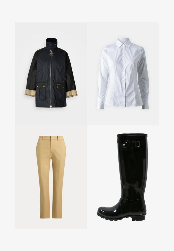 Veste bleu marine avec un col montant, fermeture éclair à l'avant, deux poches frontales et manches noires contrastantes. Dotée de garnitures dorées et d'accents en tartan.; Chemise blanche à manches longues, col pointu, design ajusté, en tissu de coton lisse et fermeture à boutons sur le devant.; Pantalon beige droit avec passants de ceinture, fermeture éclair à l'avant et plis sur mesure sur un fond clair uni.; Botte de pluie en caoutchouc noir avec une finition brillante, design haut, accent de boucle sur le côté, semelle texturée pour l'adhérence et bout arrondi.