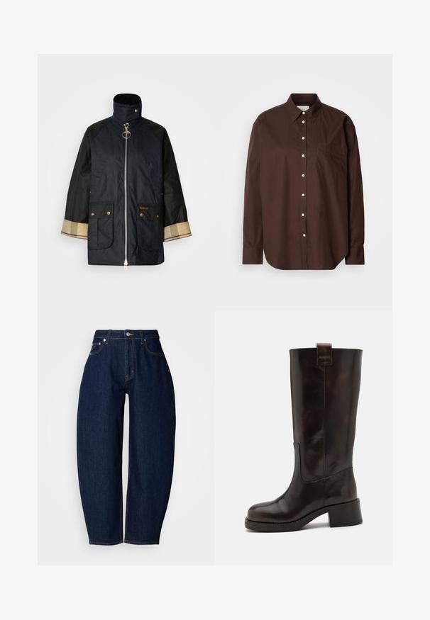 Marineblauwe jas met een hoge kraag, ritssluiting aan de voorkant, twee zakken aan de voorkant en contrasterende zwarte mouwen. Voorzien van gouden accenten en tartan details.; Bruine button-down shirt van katoen, met lange mouwen, een borstzak, witte knopen en een klassiek kraagontwerp.; Donkerblauwe denim jeans met een relaxte pasvorm, rechte pijpen, een vijf-pocket ontwerp en contrasterende gele stiksels. Metalen knoopsluiting aan de taille.; Bruine leren kniehoog laarzen met een stevige blokhak, glanzende afwerking en een trekvoetje aan de achterkant; heeft een gestroomlijnd silhouet en een duurzame zool.