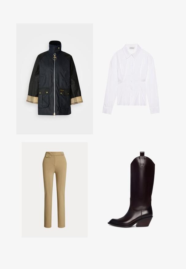 Marineblaue Jacke mit hohem Kragen, Reißverschluss vorne, zwei Taschen vorne und kontrastierenden schwarzen Ärmeln. Verfügt über goldene Beschläge und Tartanmuster-Akzente.; Weiße Bluse mit langen Ärmeln, klassischem Kragen, vorderer Knopfleiste und gerafftem Seitendetail. Glattes Material mit taillierter Form.; Beige Maßhose mit glatter Textur, hoher Taille, zwei dekorativen Knöpfen und einer einzelnen Gesäßtasche. Gerade Beinform.; Braune Leder-Cowboy-Stiefel mit spitzem Zehenbereich, hohem Schaft und schrägem Holzabsatz. Verfügt über eine Schlaufe für ein einfaches Anziehen.