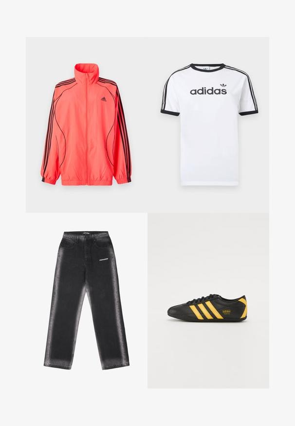 Felroze ritsjack met hoge kraag, zwarte accenten en drie zwarte strepen op elke mouw; gemaakt van lichtgewicht, gladde stof.; Wit katoenen T-shirt met zwarte accenten, voorzien van een ronde hals, korte mouwen, drie zwarte strepen op de schouders en het "adidas"-logo in het zwart.; Pegador GINA - Relaxed fit jeans - washed black white; Zwarte leren sportschoen met geel drie-strepen ontwerp, ronde neus, zwarte veters en klein logo aan de zijkant. Laag profiel silhouet.