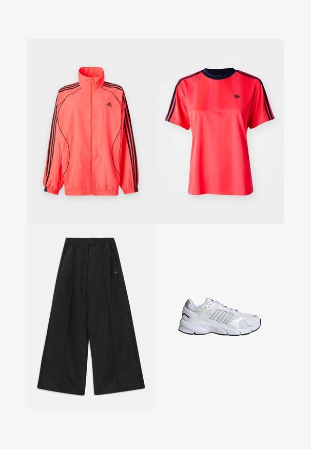 Felroze ritsjack met hoge kraag, zwarte accenten en drie zwarte strepen op elke mouw; gemaakt van lichtgewicht, gladde stof.; Rode sportieve t-shirt met korte mouwen, voorzien van verticale strepen, een marineblauwe ronde hals en een klein zwart logo op de voorkant.; Zwarte wijde broek met zijzakken, lussen voor een riem, plooien aan de voorkant en een klein Adidas-logo aan de rechterkant.; Witte sportschoen met ademend mesh en synthetische materialen, drie zilveren strepen, een getextureerde rubberen zool en een gevoerde kraag.