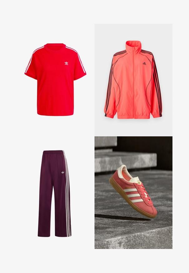 Helle pinke Zip-Jacke mit hohem Kragen, schwarzen Akzenten und drei schwarzen Streifen an jedem Ärmel; aus leichtem, glattem Stoff gefertigt.; Rotes Baumwoll-T-Shirt mit rundem Ausschnitt, kurzen Ärmeln, weißen drei Streifen Akzenten an den Schultern und einem kleinen weißen Logo auf der Brust.; Bordeauxrote Adidas-Trainingshose mit elastischem Bund, drei weißen Seitenstreifen, Reißverschlusstasche und gesticktem Logo am linken Oberschenkel.; Roter Wildleder-Sneaker mit weißen Streifen und Gummisohle, schwebt über Betonstufen im Außenbereich.