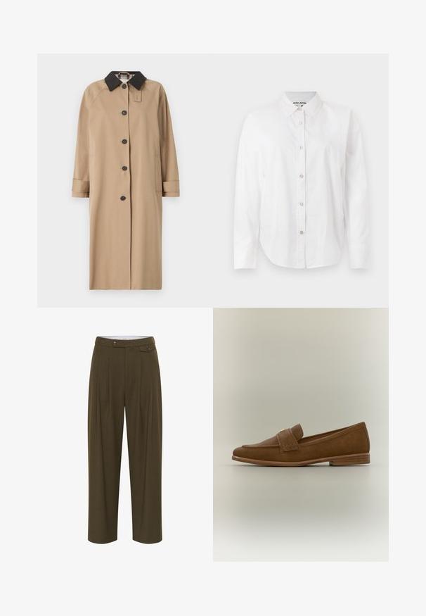 Beige Mantel mit schwarzem Kragen, vorne mit Knopfverschluss, langen Ärmeln und seitlichen Taschen. Glattes Material, knielanges Design, minimalistischer Stil.; Weißes Baumwollhemd mit Knöpfen. Es hat einen Kragen, lange Ärmel und fünf Knöpfe vorne. Glatte Textur, klassischer Schnitt.; Olivgrüne, hoch taillierte Hose mit Falten, geradem Bein, zwei Vordertaschen und Knopfverschlüssen zum Schließen.; Brauner Wildleder-Slipper mit gesticktem Design und dekorativem Riemen über dem oberen Teil. Flache Sohle und glatte Lederakzente.