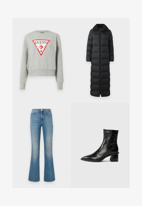 Lang sort pufferjakke med høj krave, forsynet med vandrette quiltede sektioner og en frontlynlås. Materialet virker glat og isoleret.; Grå sweatshirt med rødt trekantet logo med teksten "GUESS U.S.A.", lange ærmer, ribbede manchetter og kant, lavet af blødt stof.; Lys blå flagrende jeans lavet af denim. Indeholder en talje med en knap og et falmet vask, der snævrer ind til en bred kant ved anklerne.; Sort læder ankelstøvle med spids tå, mellem blokhæl, glat tekstur og minimal syningsdetaljer. Brandlogo præget ved hælen.