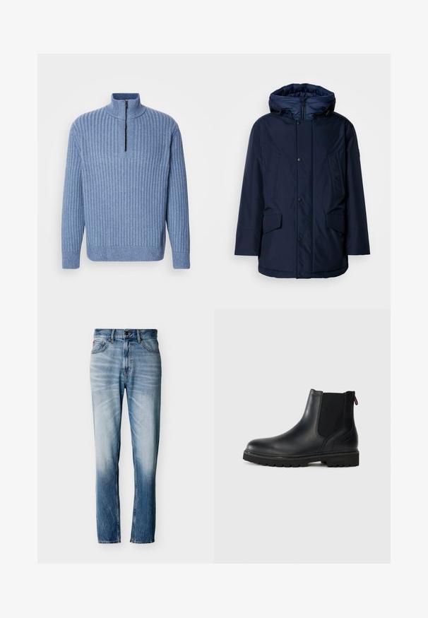 Marineblaue isolierte Parka mit abnehmbarem Kapuze, Druckknöpfen und zwei Vorderaschen, die eine glatte Textur und klare Linien aufweisen.; Hellblau gestrickter Pullover mit Rippenstruktur, Stehkragen und teilweisem Reißverschluss am Hals; verfügt über lange Ärmel und einen geraden Saum.; Blaue verwaschene Jeans mit geradem Bein, fünf Taschen, Knopfverschluss und Gürtelschlaufen, flach auf weißem Hintergrund ausgelegt.; Schwarze Leder-Stiefelette mit elastischen Seiteneinsätzen, runder Spitze und einer robusten Gummisohle mit tiefem Profil für optimalen Halt.
