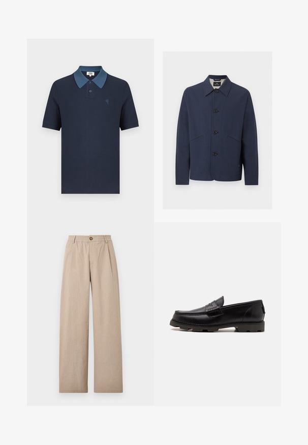 Marineblå jakke med knapper, krave, lange ærmer og to diagonale lommer foran, lavet af tekstureret stof.; Marineblå poloshirt med en kontrasterende blå krave, korte ærmer, tekstureret stof og et lille broderet hjerte på brystet.; Beige vide bukser med struktureret finish, der har folder og en elastisk talje, fastgjort med en bronze knap foran.; Sorte læder loafers med rund tå, dekorativ syning og en tekstureret ydersål for bedre greb. Let hævet hæl.