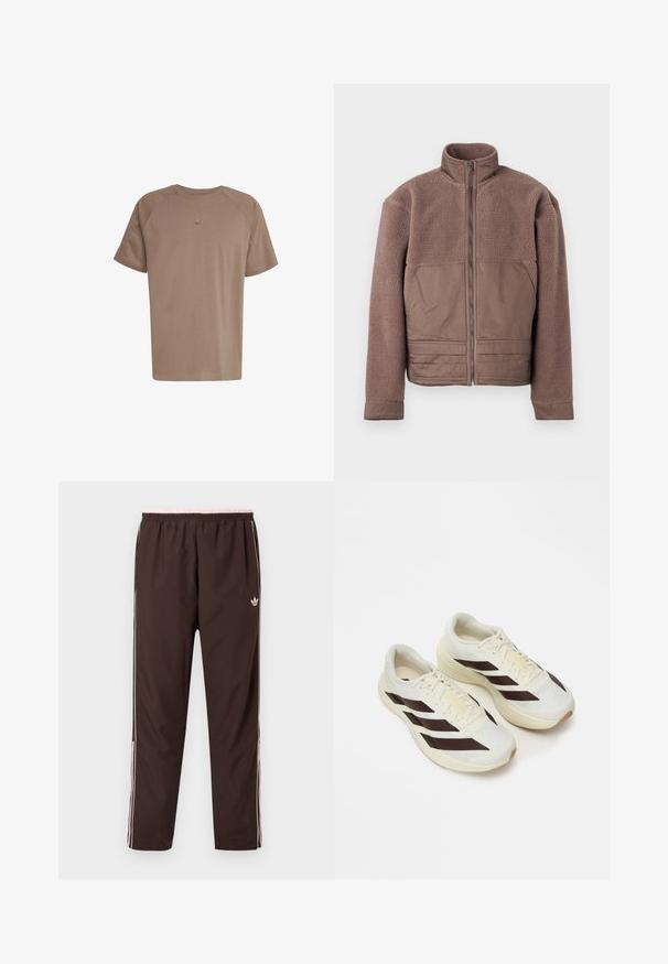 Pruun fliiskate, millel on täispikk tõmblukk, kõrge krae ja siledad kangapaneelid rinna- ja alumisel esiküljel.; adidas Originals TEE - Lihtne T-särk - earth strata; Pruunid dressipüksid elastse vöökohaga, roosade aktsentide ja valgete küljeribadega. Valmistatud siledast ja kergest kangast.; Kerge kreemjas värvitoonis jooksutossud tumedate pruunide diagonaalribadega, tekstureeritud võrkkattega ülisoe ja pehmendustega tallaga. Omaduseks on kollane "ADIZERO" bränding.