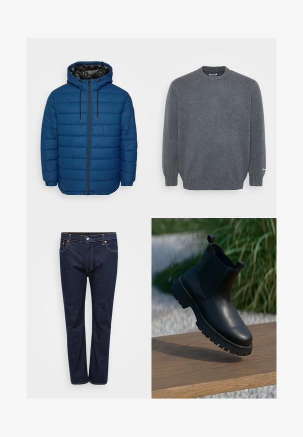 Steppjacke in Dunkelblau mit gesteppten Paneelen, Kapuze und Reißverschluss vorne. Verfügt über elastische Bündchen und ein kontrastierendes schwarzes Futter.; Dunkelgrauer Rundhals-Wollpullover mit gerippten Bündchen und Saum, glatter Stricktextur und kleinem weißen Logo-Detail am Bündchen des linken Ärmels.; Dunkelblaue Denim-Jeans mit geradem Bein, sichtbar abgenäht in kontrastierendem Gelb, fünf Taschen und einem vorderen Knopfverschluss.; Schwarze Leder-Ankle-Boots mit elastischen Seiteneinsätzen, runder Zehenpartie und grober Laufsohle, auf einer Holzoberfläche präsentiert.