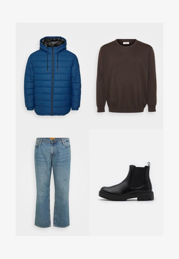 Chaqueta acolchada en azul oscuro con paneles acolchados, capucha y cremallera frontal. Cuenta con puños elásticos y un forro interior negro contrastante.; Suéter marrón de punto con escote redondo, mangas largas y puños y dobladillo acanalados. Textura de tela suave, diseño clásico sin adornos.; Jeans de mezclilla en azul claro con corte recto, cinco bolsillos, costura visible y bragueta con cremallera. La etiqueta es amarilla en la parte interior de la cinturilla.; Zign LEATHER - Botines - black