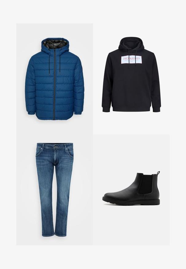 Steppjacke in Dunkelblau mit gesteppten Paneelen, Kapuze und Reißverschluss vorne. Verfügt über elastische Bündchen und ein kontrastierendes schwarzes Futter.; Schwarzer Hoodie mit vorderen Kordeln und einem weißen rechteckigen Logo mit der Aufschrift "JACK & JONES Creative Dept. Copenhagen ©1990" in rotem Text.; Blaue Denim-Jeans mit geradem Bein, ausgestattet mit vorderen Taschen, einem Reißverschluss und dezentem Verblassen. Klassischer Stil mit mittlerem Wasch-Effekt.; Schwarze Leder-Chelsea-Stiefel mit elastischen Seitenpaneelen, einem Zugband und einer robusten Gummisohle. Glatte Textur und elegantes Design.