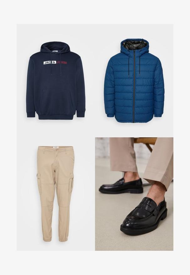 Steppjacke in Dunkelblau mit gesteppten Paneelen, Kapuze und Reißverschluss vorne. Verfügt über elastische Bündchen und ein kontrastierendes schwarzes Futter.; Marineblauer Hoodie mit Kängurutasche, Kapuze mit Kordelzug und einem weiß-roten Drucklogo mit der Aufschrift "JACK & JONES" über der Brust.; Beige Cargo-Hosen aus leichtem Stoff, mit schmal zulaufenden Beinen, elastischen Bündchen und Seitentaschen mit Klappenverschluss für ein praktisches Design.; Schwarze Lederloafers mit glatter Oberfläche, ausgestattet mit einem dekorativen Riemen und Kontrastnähten, kombiniert mit beigen Hosen.