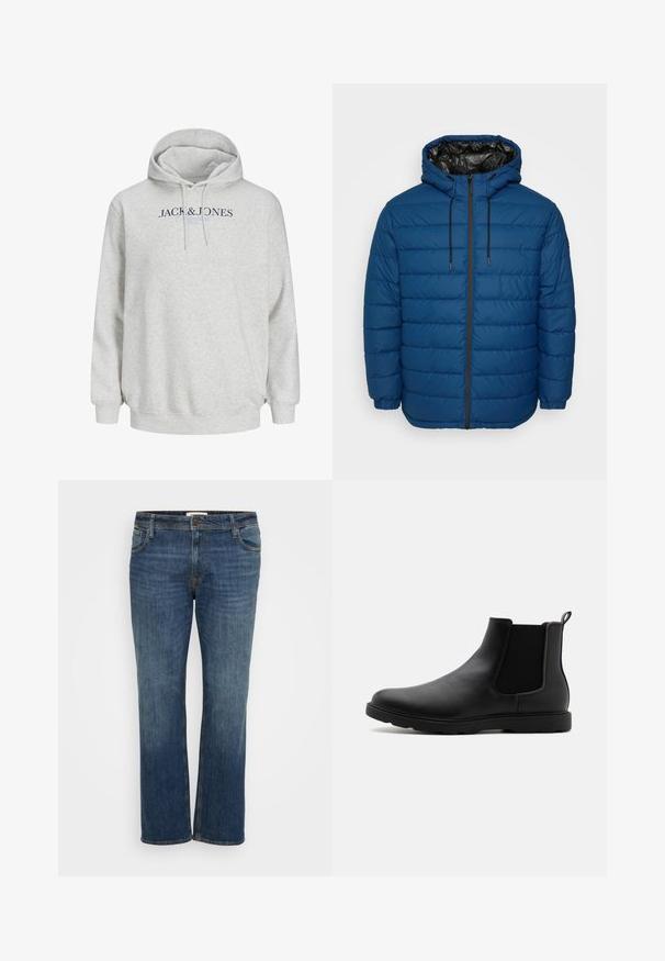 Dunjakke i mørkeblå med quiltede paneler, hætte og lynlås foran. Har elastiske manchetter og en kontrastfuld sort foring.; Lys grå hættetrøje med snore og "JACK & JONES" trykt hen over brystet i mørkeblå og lyseblå tekst.; Mørkeblå denim jeans med et lige ben-design, der har fem lommer, knaplukning og subtilt slid for tekstur.; Sorte læder Chelsea støvle med elastiske sidepaneler, en trækflap og en holdbar gummisål. Glat tekstur og strømlinet design.