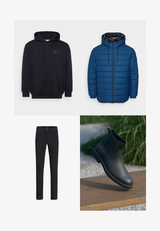 Steppjacke in Dunkelblau mit gesteppten Paneelen, Kapuze und Reißverschluss vorne. Verfügt über elastische Bündchen und ein kontrastierendes schwarzes Futter.; Schwarzer Hoodie aus Baumwollmischung, mit einer vorderen Kängurutasche, einer Kapuze mit Zugband und einem dezenten Logodesign auf der Brust.; Schwarze Slim-Fit-Jeans mit Frontknopf und Reißverschluss, Fünf-Taschen-Design und Gürtelschlaufen.; Schwarze Leder-Stiefelette mit elastischen Seitenpanelen, strukturierten Akzenten und Gummisohle; die Präsentation umfasst eine Holzoberfläche und Grünpflanzen.
