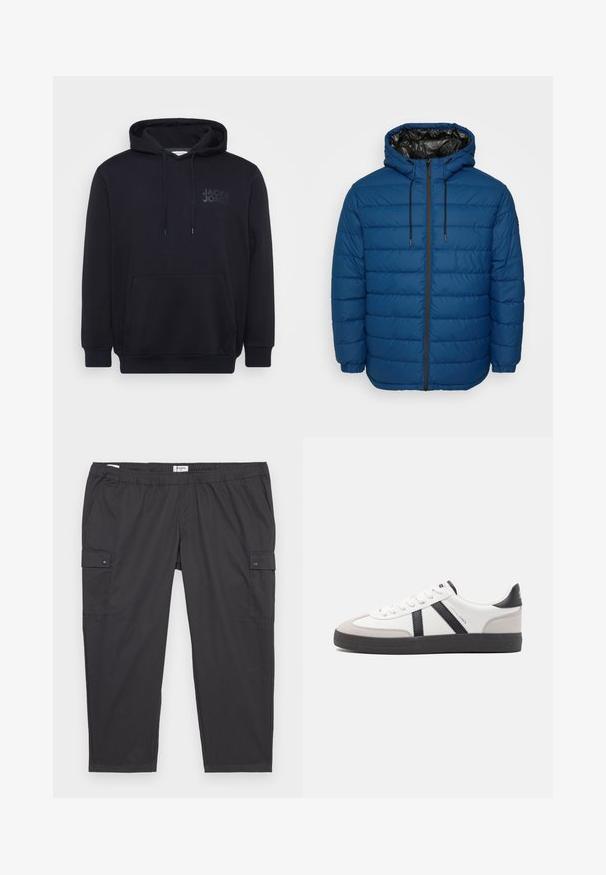 Steppjacke in Dunkelblau mit gesteppten Paneelen, Kapuze und Reißverschluss vorne. Verfügt über elastische Bündchen und ein kontrastierendes schwarzes Futter.; Schwarzer Hoodie aus Baumwollmischung, mit einer vorderen Kängurutasche, einer Kapuze mit Zugband und einem dezenten Logodesign auf der Brust.; Schwarze Cargo-Hosen mit einem elastischen Bund, seitlichen Taschen und Druckknopfdetails. Hergestellt aus leichtem, glattem Stoff.; Weiße Sneaker mit schwarz- und grau-aczenten, ausgestattet mit einer strukturierten grauen Zehenkappe, schwarzer Gummi-Sohle und flachen weißen Schnürsenkeln. Sauberes Design, minimalistische Stil.