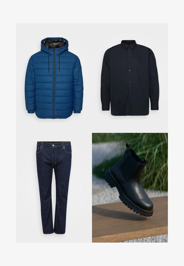 Gewatteerd jack in donkerblauw met gestikte panelen, een capuchon en een ritssluiting aan de voorkant. Voorzien van elastische manchetten en een contrasterende zwarte voering.; Zwarte button-up shirt gemaakt van katoen, met een klassieke kraag, long sleeves en zeven knopen aan de voorkant. Soepele textuur, geen opvallende patronen.; Donkerblauwe denim jeans met een rechte pijpdesign, voorzien van zichtbare stiksels in contrasterend geel, vijf zakken en een knoopsluiting aan de voorkant.; Zwarte leren enkellaarsjes met elastische zijpanelen, ronde neus en robuuste zool, tentoongesteld op een houten oppervlak.