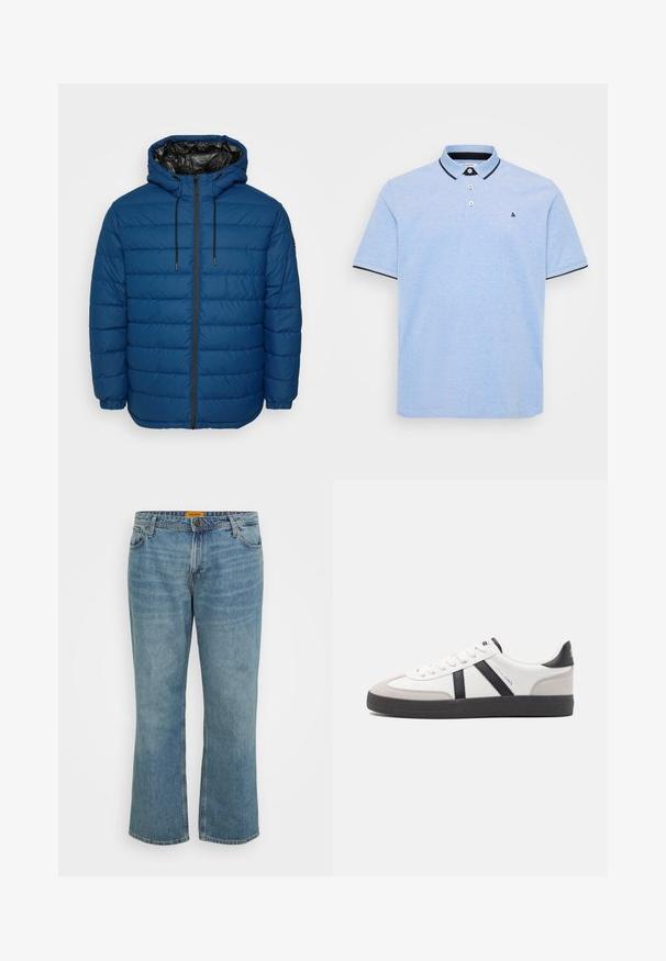 Chaqueta acolchada en azul oscuro con paneles acolchados, capucha y cremallera frontal. Cuenta con puños elásticos y un forro interior negro contrastante.; Camisa polo azul claro con una tapeta de dos botones, color de contraste en el cuello oscuro y acentos en el dobladillo. Tela de algodón suave con un acabado texturizado.; Jeans de mezclilla en azul claro con corte recto, cinco bolsillos, costura visible y bragueta con cremallera. La etiqueta es amarilla en la parte interior de la cinturilla.; Zapatilla blanca con acentos en negro y gris, que presenta una puntera texturizada en gris, suela de goma negra y cordones planos blancos. Diseño limpio, estilo minimalista.