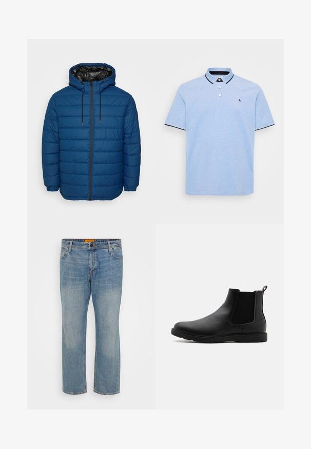 Steppjacke in Dunkelblau mit gesteppten Paneelen, Kapuze und Reißverschluss vorne. Verfügt über elastische Bündchen und ein kontrastierendes schwarzes Futter.; Hellblaues Polohemd mit einer Knopfleiste mit zwei Knöpfen, kontrastierendem dunklem Kragen und Saumakzenten. Weiches Baumwollgewebe mit einer strukturierten Oberfläche.; Hellblaue Denim-Jeans mit geradem Bein, ausgestattet mit fünf Taschen, einem Knopfverschluss und einem orangefarbigen Markenschild am Bund.; Schwarze Leder-Chelsea-Stiefel mit elastischen Seitenpaneelen, einem Zugband und einer robusten Gummisohle. Glatte Textur und elegantes Design.