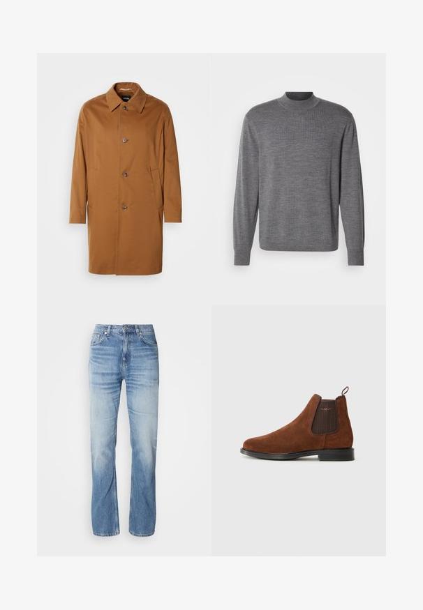 Bruine trenchcoat met een kraag, twee zijzakken en drie knopen aan de voorkant. Gemaakt van een gladde stof, met een rechte snit.; Grijze lange mouw sweater gemaakt van gebreid materiaal, met een opstaande kraag en een subtiele logo op de borst. Gladde textuur en aansluitend ontwerp.; Lichtblauwe denim jeans met een recht gesneden pijp, vervaagde afwerking, vijf zakken en een knoopsluiting. Klassiek ontwerp en gemiddelde dikte.; Bruine suède Chelsea-boot met een elastische zijpaneel, een lus aan de achterkant, een zwarte zool en een subtiel "GANT"-logo op het zijpaneel.