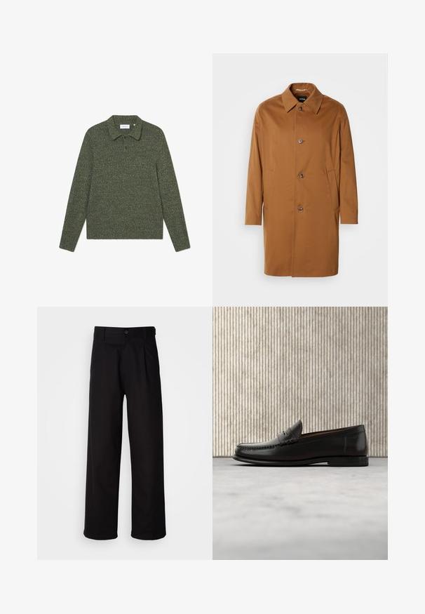 Brun trenchcoat med krave, to sidelommer og tre frontknapper. Fremstillet af glat stof og med et lige snit.; Grøn strikpullover med krave, lange ærmer og et struktureret mønster. Har en to-knap spat og diskret mærkning.; Sorte bukser lavet af glat stof, med lige ben, frontfolder og en enkelt knaplukning i taljen.; Sort læder penny loafer med lav hæl, rundet tå og syningsdetaljer langs fronten og siderne, vist på neutral baggrund.