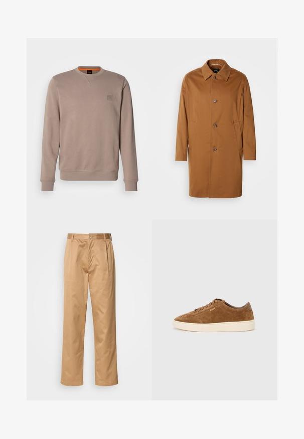Manteau beige avec un col, deux poches latérales et trois boutons à l'avant. Fabriqué en tissu lisse, présentant un design à coupe droite.; Sweatshirt beige à manches longues, encolure ras du cou et poignets côtelés. Présente un petit patch en logo texturé sur la poitrine. Texture de tissu douce.; Pantalons khaki, en mélange de coton, coupe droite, plis avant, passants de ceinture et fermeture à bouton. Texture lisse sans motifs.; Baskets en daim marron avec bout rond, semelle en caoutchouc crème et lacets ton sur ton. Présentent un logo en relief sur le côté et un panneau arrière lisse.