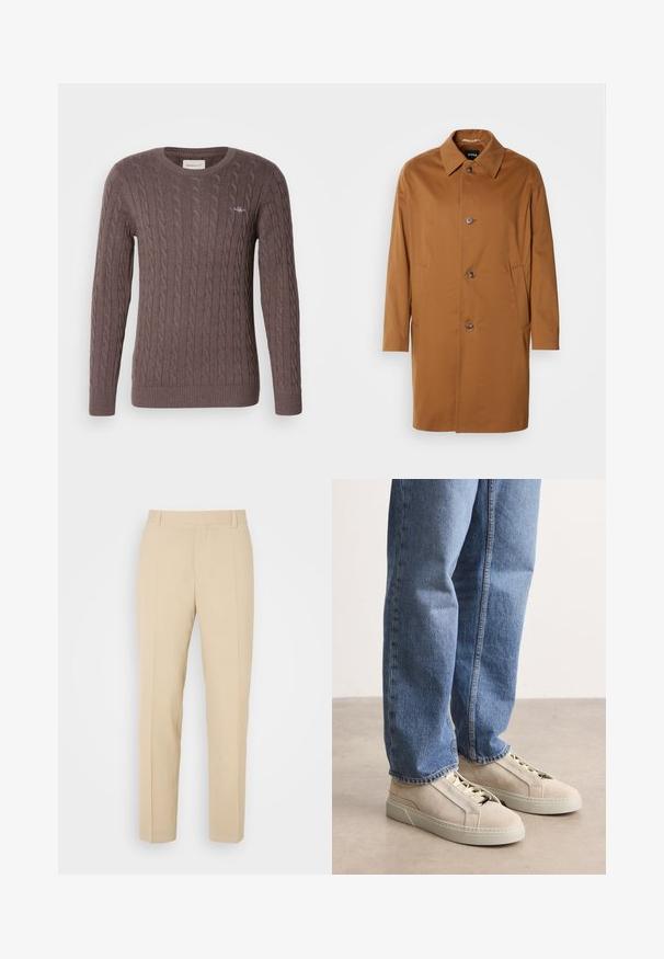 Bruine trenchcoat met een kraag, twee zijzakken en drie knopen aan de voorkant. Gemaakt van een gladde stof, met een rechte snit.; Bruine kabelgebreide trui met een ronde hals, lange mouwen en geribbelde manchetten en zoom. Bevat een klein geborduurd logo op de borst.; Beige op maat gemaakte broek met een recht gesneden ontwerp, gemaakt van lichtgewicht stof, met twee voorzakken en nette, geplooide vouwen.; BOSS GARYTENN_SDHDEL - Sneakers laag - natural ten