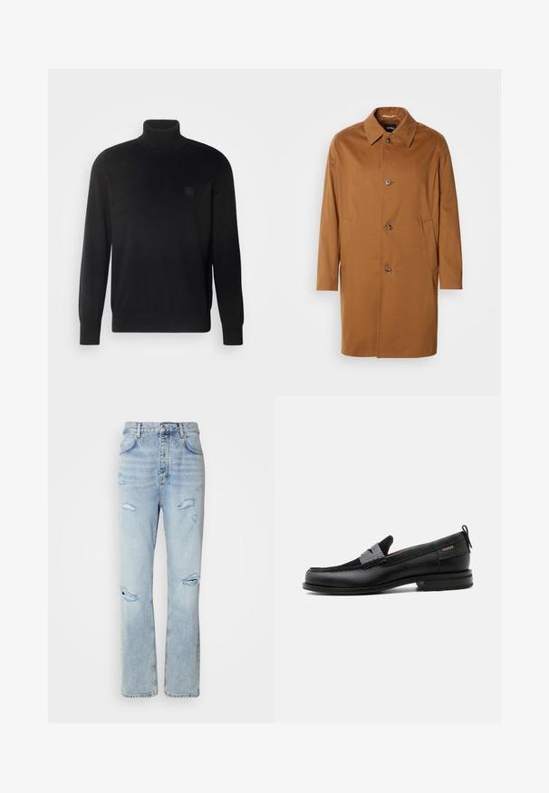 Bruine trenchcoat met een kraag, twee zijzakken en drie knopen aan de voorkant. Gemaakt van een gladde stof, met een rechte snit.; Zwarte coltrui met lange mouwen, geribbelde kraag en manchetten, gemaakt van een gladde stof. Bevat een klein logo-embleem op de borst.; Licht gewassen denim jeans met een ontspannen pasvorm, voorzien van versleten plekken en rafelige randen. De stof heeft een zachte, gladde textuur.; Zwarte leren loafer met grijs riemdetailelement, lage hak en gestructureerde zool, aan de zijkant gebrandmerkt met "HUGO" in goud.