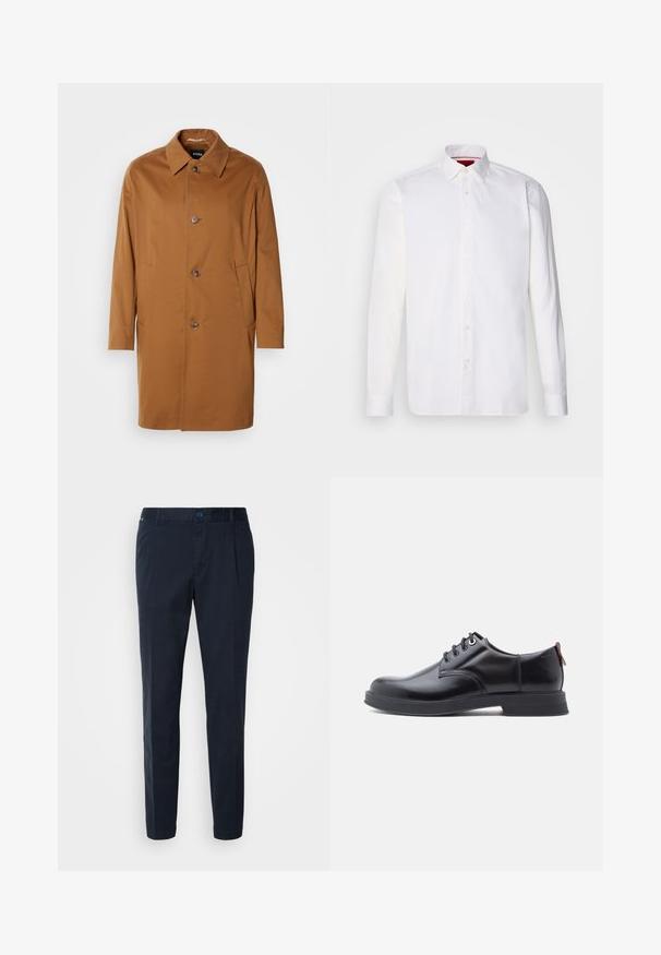 Brun trenchcoat med krave, to sidelommer og tre frontknapper. Fremstillet af glat stof og med et lige snit.; Hvid langærmet skjorte lavet af bomuld, med en klassisk krave, frontplacket med knapper og en glat tekstur. Rød detalje på den indre krave.; Mørkeblå bukser lavet af bomuldsblanding, med lige pasform, frontfolder og knaplukning i taljen. Glat tekstur, ingen mønstre.; Sorte snørestøvler i læder med glat tekstur, rundet tå og diskrete syningsdetaljer. Har en rød trækflig på hælen.