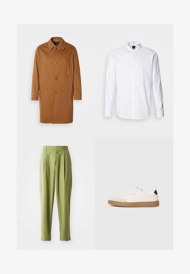 Bruine trenchcoat met een kraag, twee zijzakken en drie knopen aan de voorkant. Gemaakt van een gladde stof, met een rechte snit.; Witte lange mouwen shirt met een bandkraag, knoopsluiting aan de voorkant en afgeronde zoom. Gemaakt van katoen, met een gladde textuur en subtiele glans.; Lichtgroene broek van een gestructureerde stof, met een rechte pasvorm, plooien aan de voorkant en een standaard tailleband.; Witte sneakers met beige accenten, bovenwerk van glad leer, ronde neus en rubberen gumzool, met een zwarte hieltab en subtiele branding.
