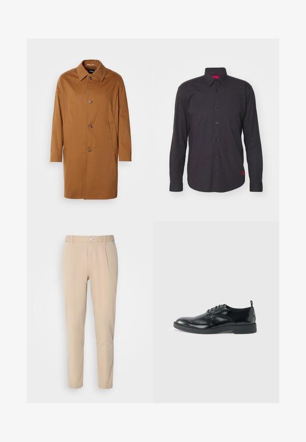 Pruun trench coat kraega, kahe külgtasku ja kolme esimbutiga. Valmistatud siledast kangast, sirge lõikega.; Mustikas pikkade varrukatega särk, mis on valmistatud puuvillast, omab teravat kraed, nööpidega eest avamist ning punast aktsenti krae sees. Tekstureeritud kangas, mustriteta.; Beezid püksid, millel on kitsas lõige ja mis on valmistatud kudumaterjalist. Omab ühte nupuga sulgemist, volditud esiosad ja sirged säärised.; Läikiv must nahast pidulik king madala kontsa, paeltega kinnise ja ümmarguse ninaga, näidatud küljelt heledal ühtlasel taustal.
