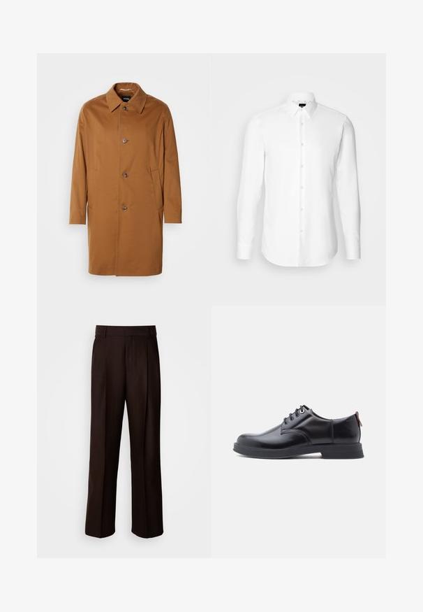 Brun trenchcoat med krave, to sidelommer og tre frontknapper. Fremstillet af glat stof og med et lige snit.; Hvid skjorte med lange ærmer, knaplukning foran, klassisk krave, lavet af glat stof med en subtil tekstur, designet til et tætsiddende udseende.; Brune skræddersyede bukser med lige ben, featuring en frontfold, glat texture og klassisk talje. Egnet til formelt brug.; Sorte snørestøvler i læder med glat tekstur, rundet tå og diskrete syningsdetaljer. Har en rød trækflig på hælen.