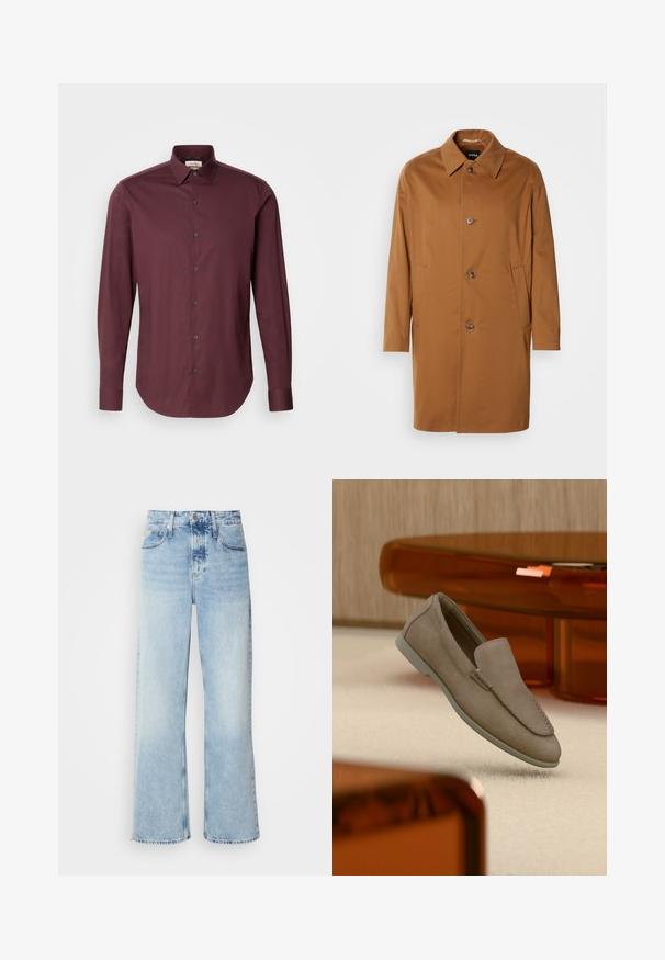 Brun trenchcoat med krave, to sidelommer og tre frontknapper. Fremstillet af glat stof og med et lige snit.; Calvin Klein SLIM - Skjorter - bordeaux; Lysblå vide jeans med høj talje, der har en falmet finish, bæltestropper og klassisk fem-lomme design. Kantene er rå.; Beige ruskind slip-on loafer med synlige syninger og lys sål, placeret over cremefarvet tæppe med orange gennemsigtigt møbel i baggrunden.